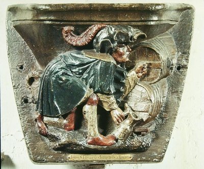 Misericord from a Choir Stall Depicting a Man Testing Wine, from the Church of Saint-Etienne des Tonneliers, Rouen by French School
